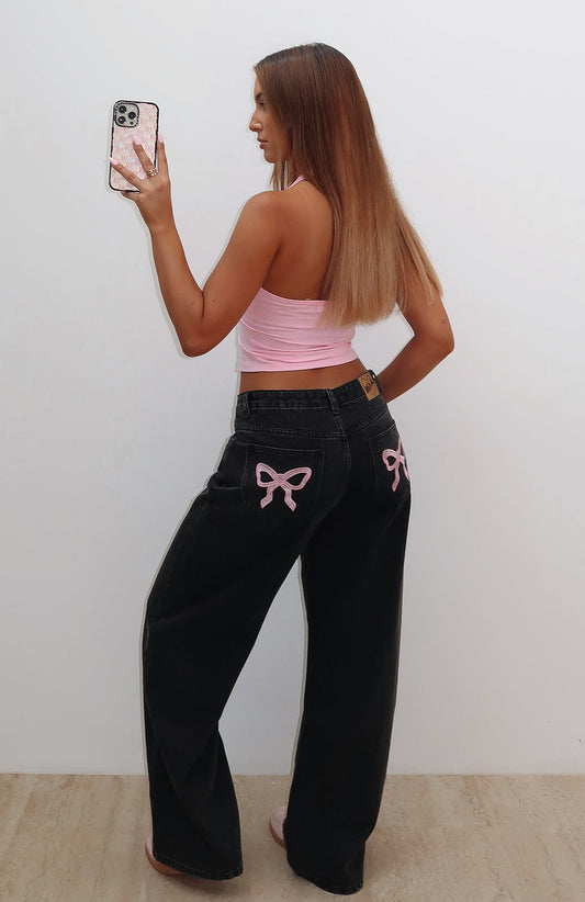 About A Girl Mid Rise Wide Leg Jeans Black Acid