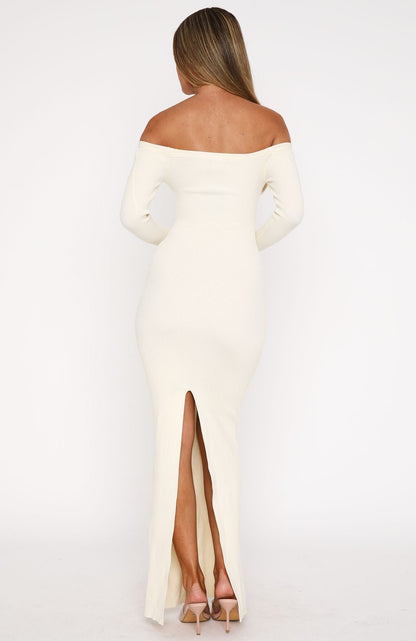 Star Studded Long Sleeve Knit Maxi Dress Winter White